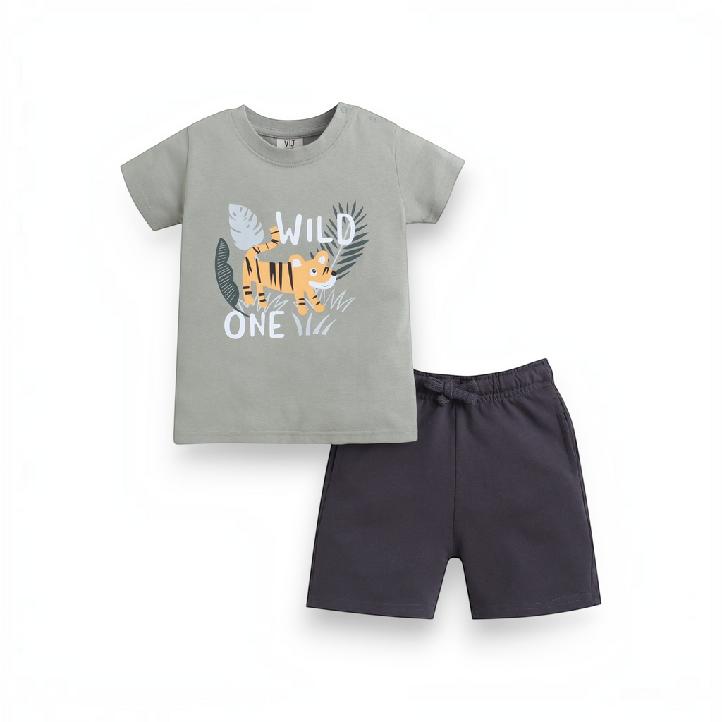 victor and jane baby boys grey t-shirt with tiger graphic and dark grey shorts set