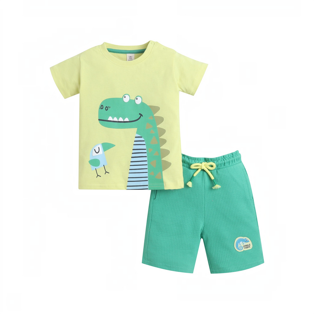 victor and jane baby boys 2-piece set featuring a light green dinosaur t-shirt and textured green shorts