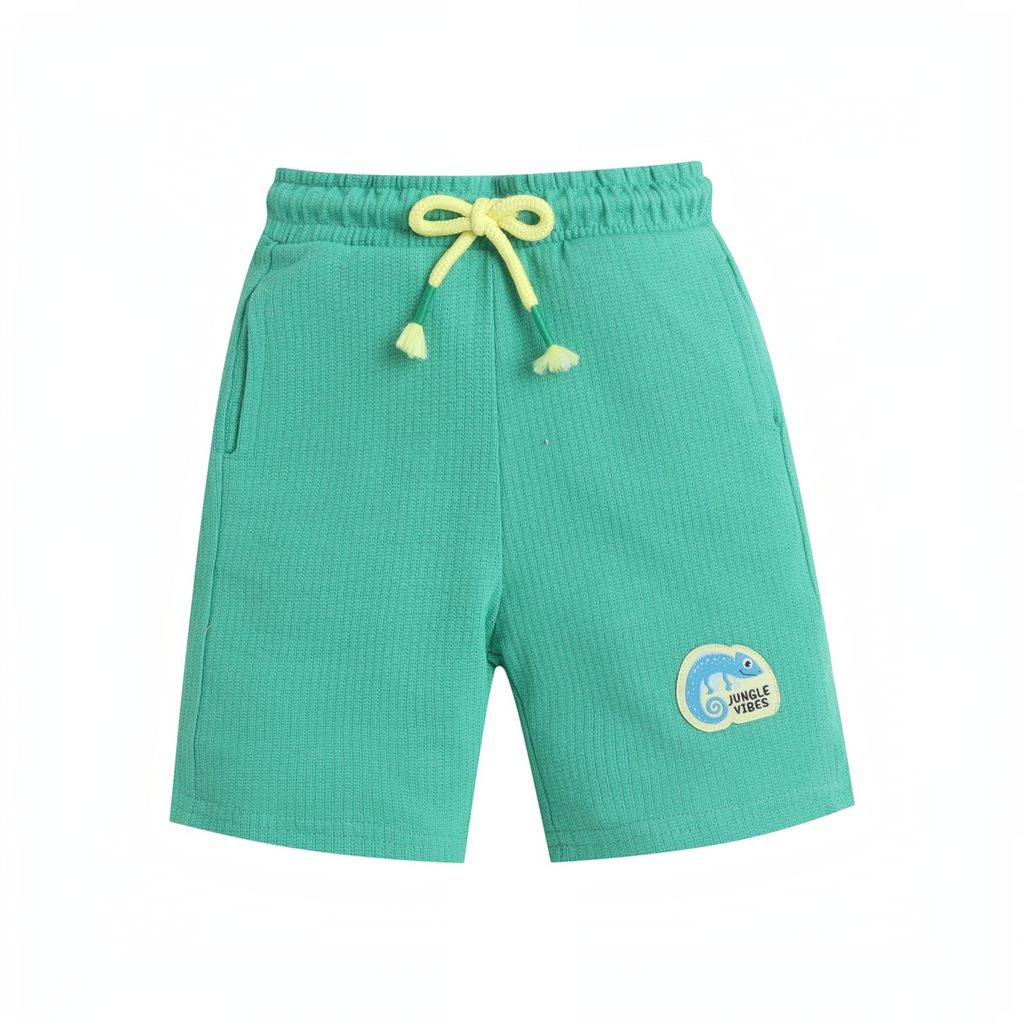 victor and jane baby boys green waffle knit shorts with a yellow drawstring and jungle vibes chameleon patch