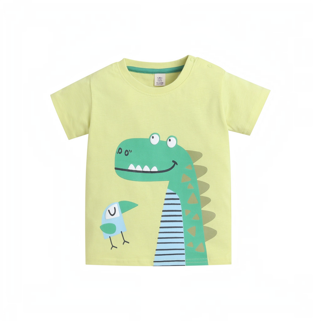 victor and jane baby boys light green cotton t-shirt featuring a cute dinosaur and bird graphic print
