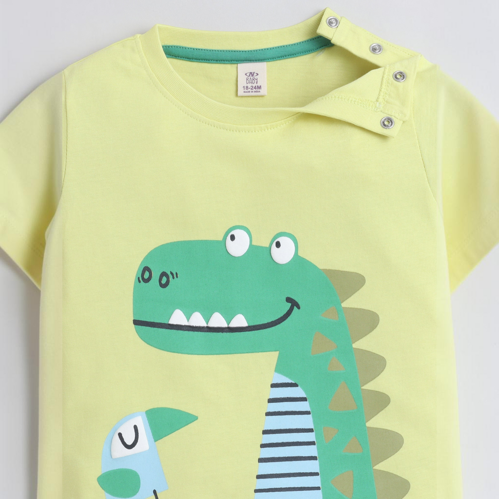 victor and jane baby boys light yellow cotton t-shirt featuring a green dinosaur and bird graphic with shoulder snaps