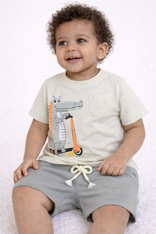 Infant Boys’ 2-Piece Set – Crocodile Scooter Print T-Shirt & Drawstring Shorts