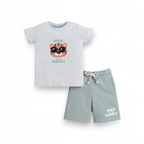 victor and jane baby boys 2-piece set with a grey tiger print t-shirt and sage green textured shorts