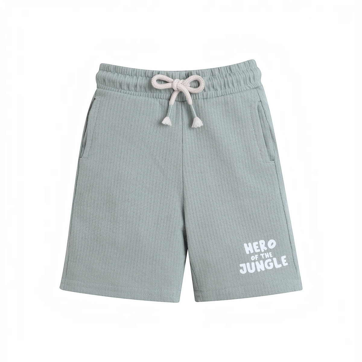 victor and jane sage green waffle knit baby boy shorts with a drawstring waist and Hero of the Jungle text print