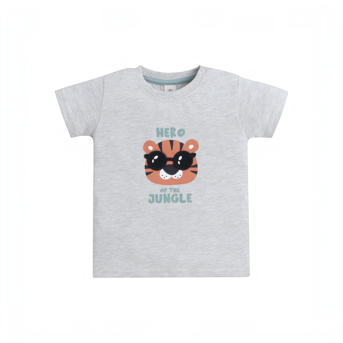 victor and jane baby boys grey short sleeve t-shirt with a tiger wearing sunglasses and Hero of the Jungle text