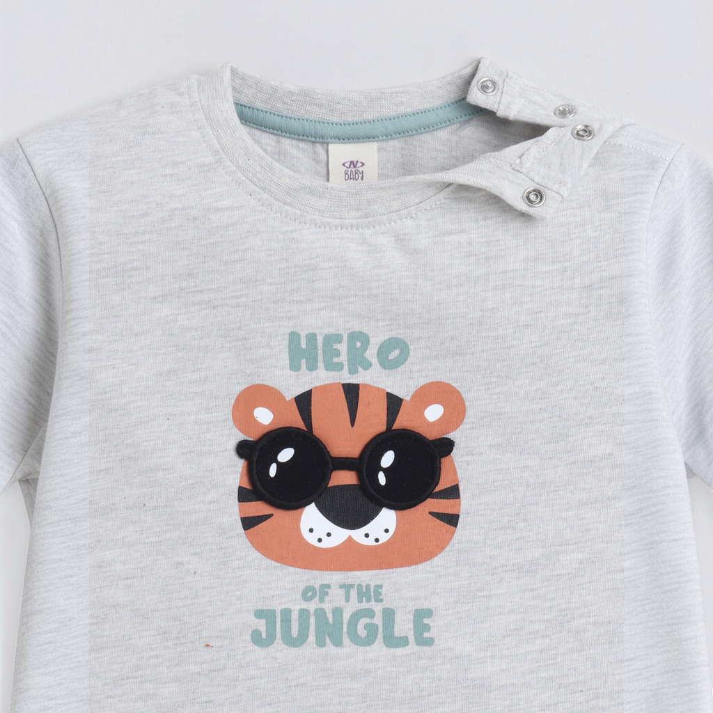 victor and jane baby boys grey t-shirt featuring a cute tiger wearing sunglasses and Hero of the Jungle text