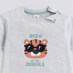 victor and jane baby boys grey t-shirt featuring a cute tiger wearing sunglasses and Hero of the Jungle text