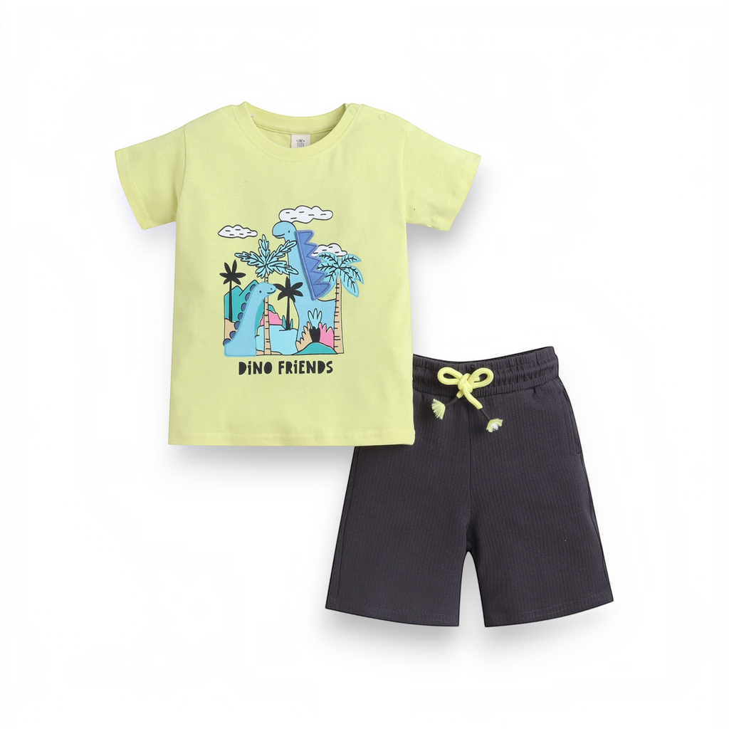 victor and jane baby boys 2-piece set with a lime green dinosaur graphic t-shirt and charcoal grey jersey shorts