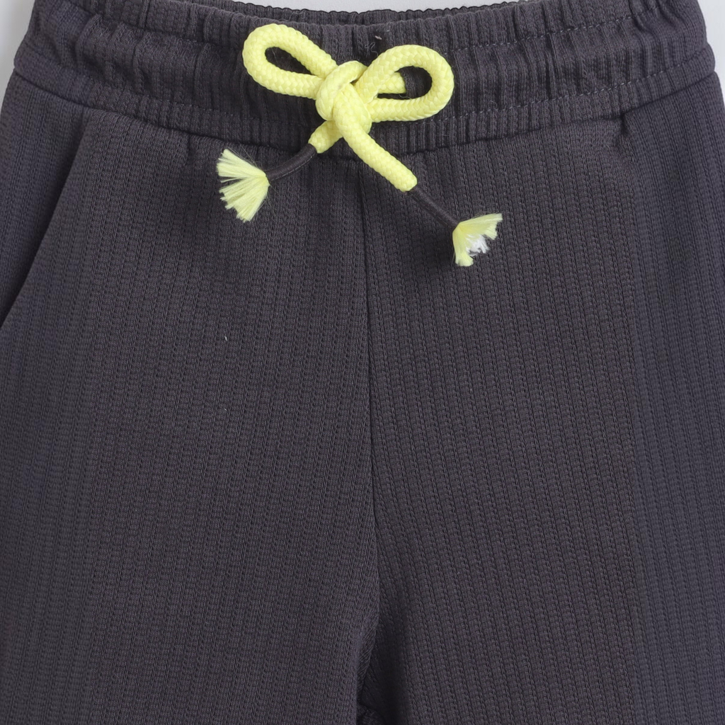 victor and jane baby boys charcoal grey ribbed knit shorts with a bright yellow drawstring waist
