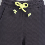 victor and jane baby boys charcoal grey ribbed knit shorts with a bright yellow drawstring waist