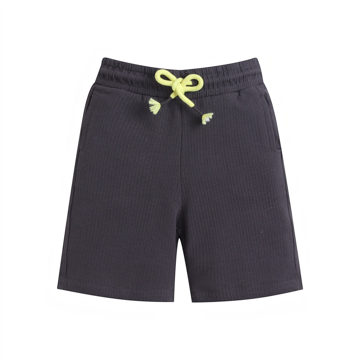 victor and jane baby boys charcoal grey textured shorts with a bright yellow drawstring waist