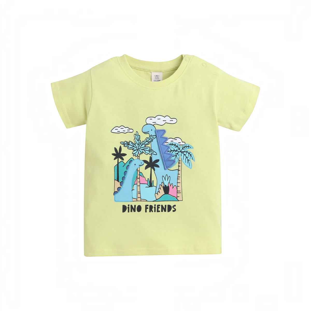 victor and jane baby boys light green cotton t-shirt featuring a colourful dinosaur and palm tree graphic print