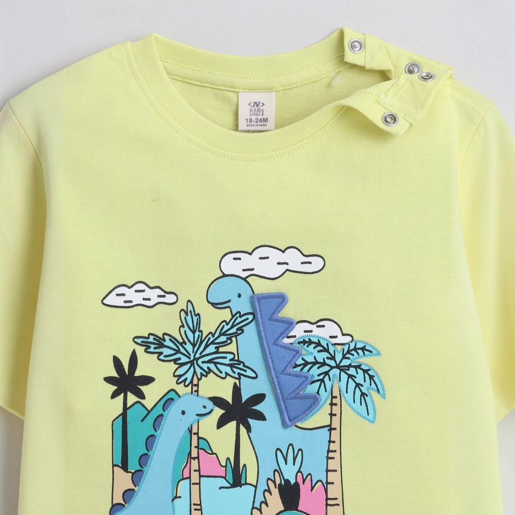 victor and jane baby boy yellow t-shirt with a colourful dinosaur and palm tree graphic print and shoulder snaps