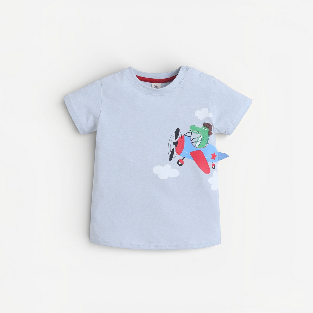 victor and jane baby boys light blue cotton t-shirt featuring a cute crocodile pilot flying a red and blue plane
