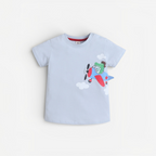 victor and jane baby boys light blue cotton t-shirt featuring a cute crocodile pilot flying a red and blue plane