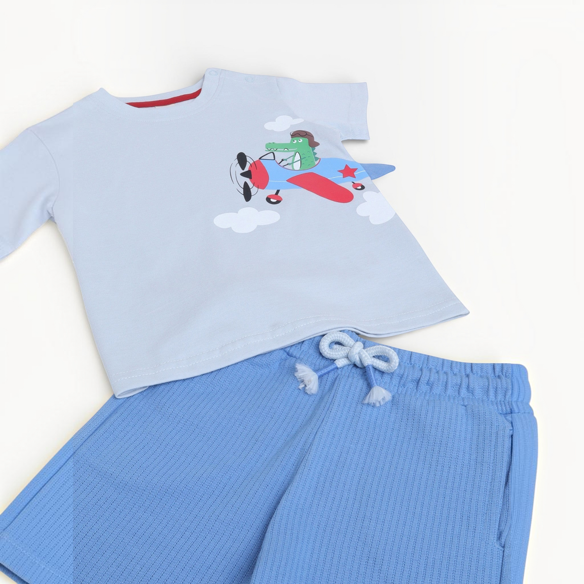 victor and jane baby boys two-piece set with light blue airplane print t-shirt and matching ribbed shorts