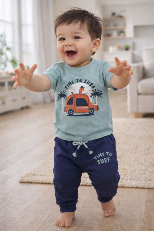 Boys’ Pajama Set – “Time to Surf” Graphic Tee & Cuffed Pants