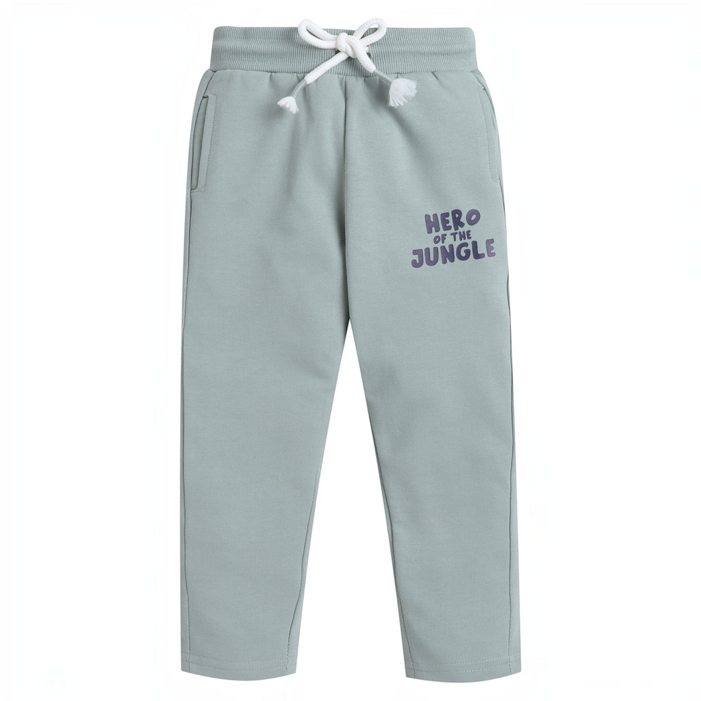 victor and jane sage green baby boys joggers with white drawstring and Hero of the Jungle graphic print