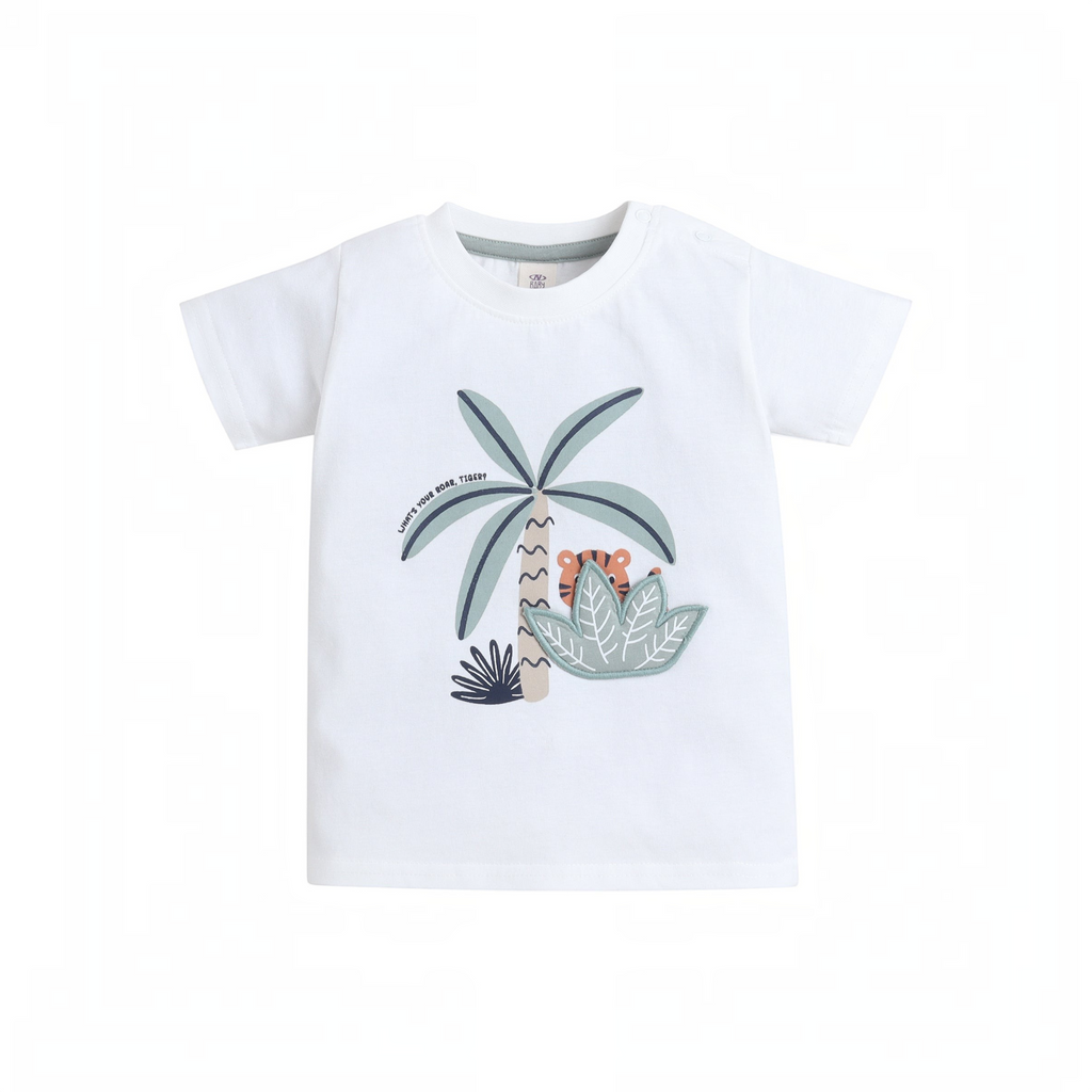 victor and jane white baby boy t-shirt featuring a jungle tiger and palm tree graphic print