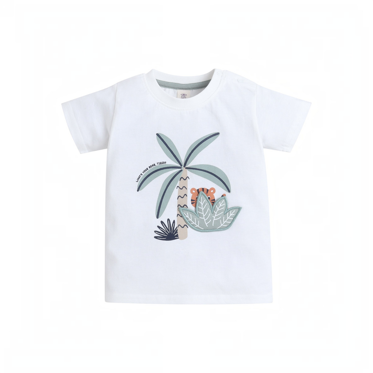 victor and jane white baby boy t-shirt featuring a jungle tiger and palm tree graphic print