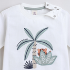 victor and jane white baby boy t-shirt with tiger and palm tree graphic print and shoulder snap buttons