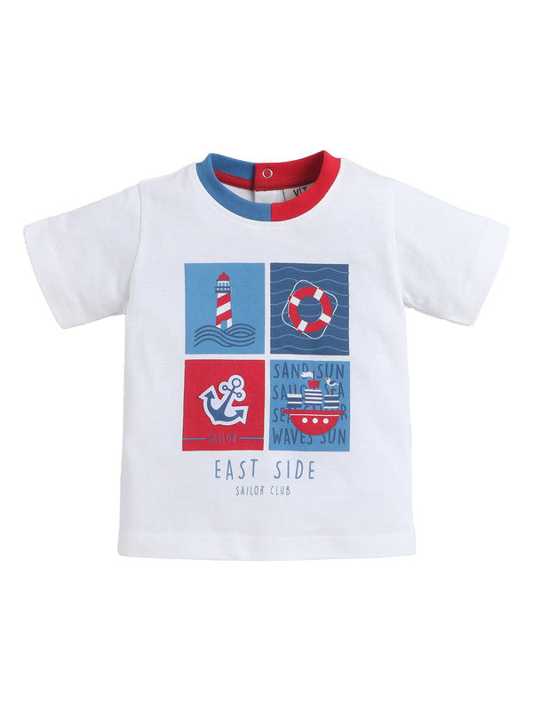 Boys' 2Pcs Cute Nautical Print Round Neck T-Shirt And Shorts Set