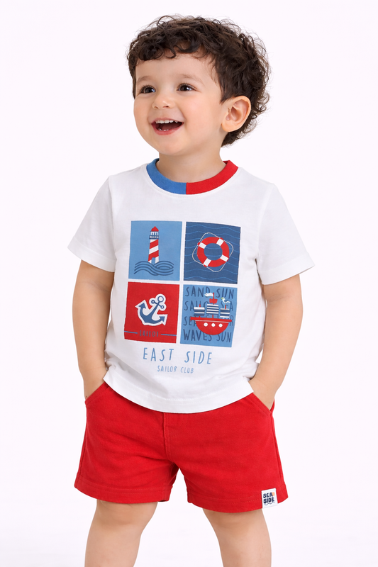 Boys' 2pcs Cute Nautical Print Round Neck T-Shirt and Shorts Set