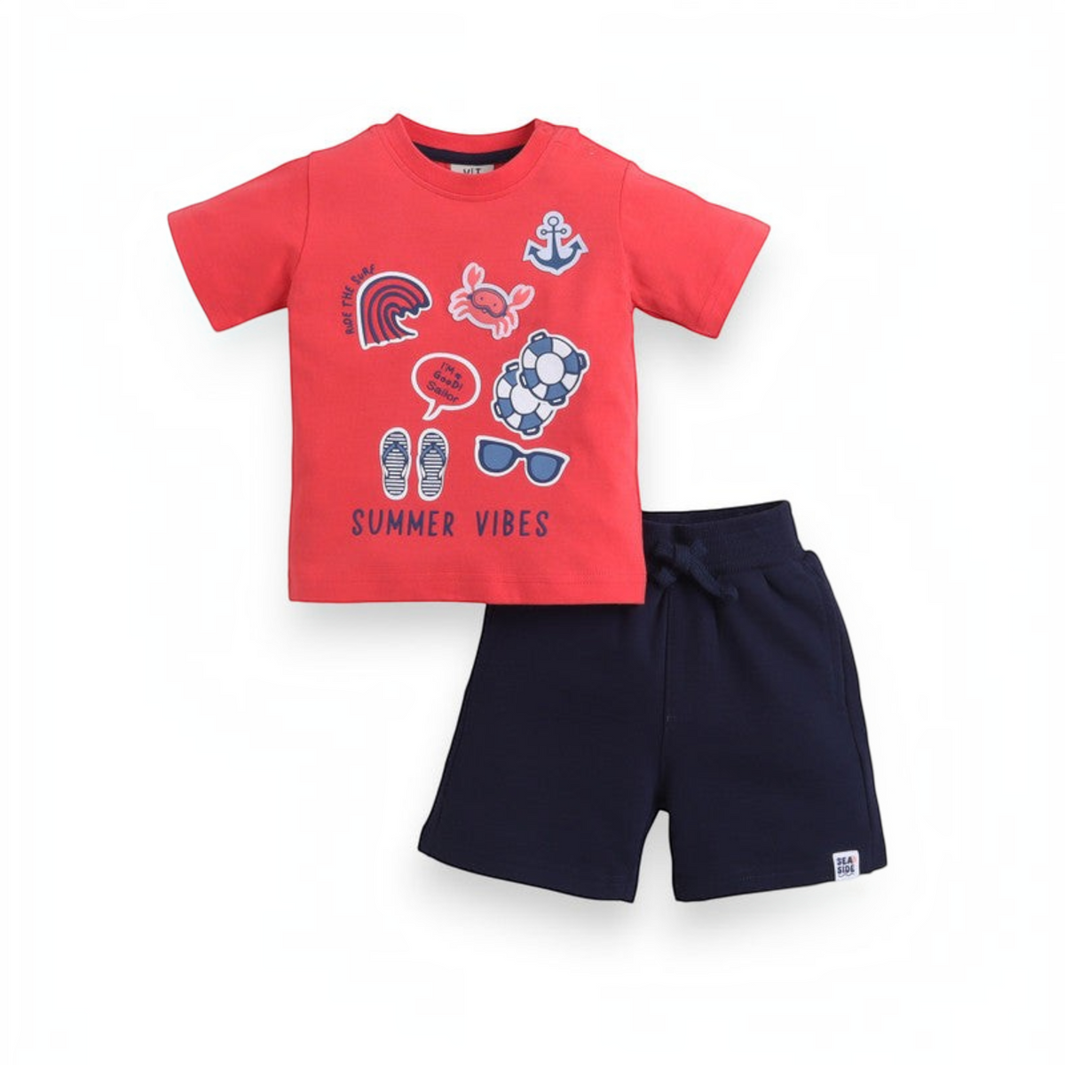 victor and jane boys 2-piece set with a red graphic t-shirt featuring nautical icons and navy blue cotton shorts