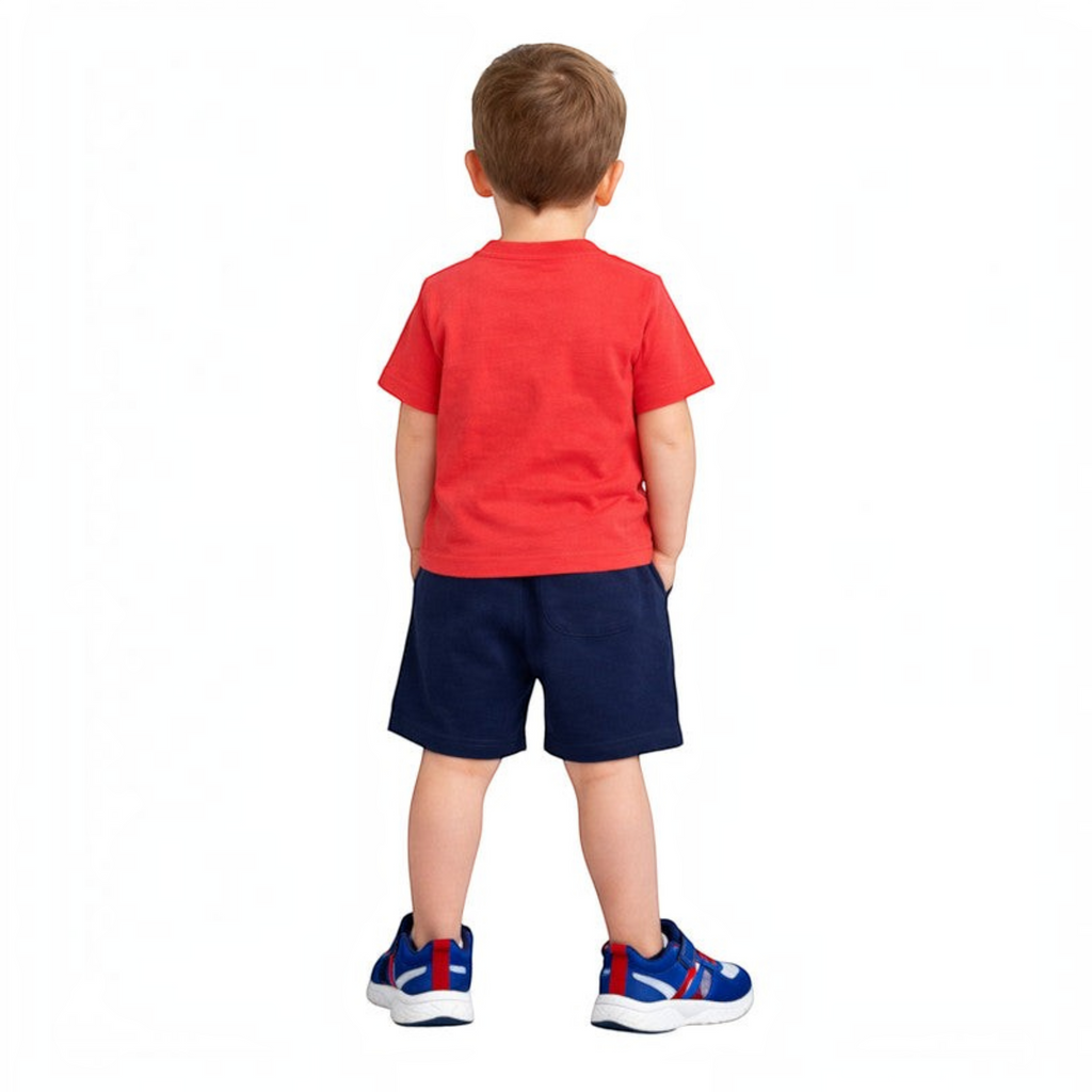 A young boy wearing a victor and jane red t-shirt and navy blue shorts, viewed from the back.
