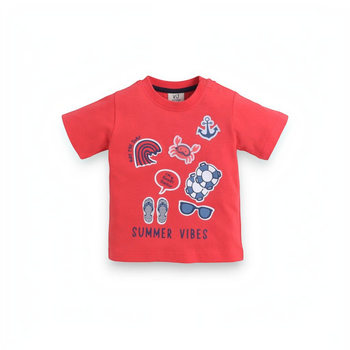 victor and jane boys red cotton t-shirt featuring nautical summer graphics like an anchor, crab, and flip-flops