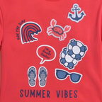 victor and jane boys red t-shirt featuring nautical summer patches like a crab, anchor, flip-flops, and sunglasses