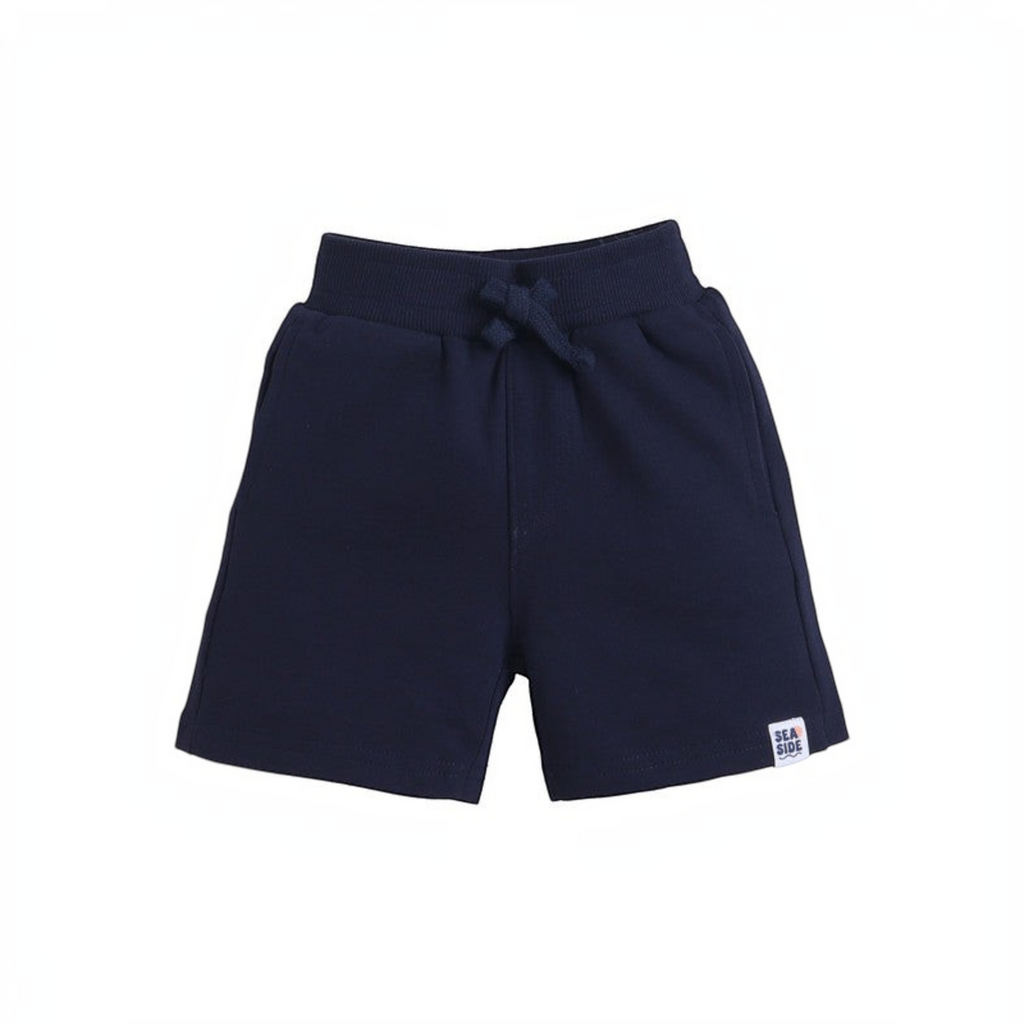 victor and jane boys navy blue cotton jersey shorts with an elastic drawstring waistband and small logo patch