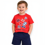 victor and jane boys red cotton t-shirt with summer themed nautical graphics and navy blue shorts set