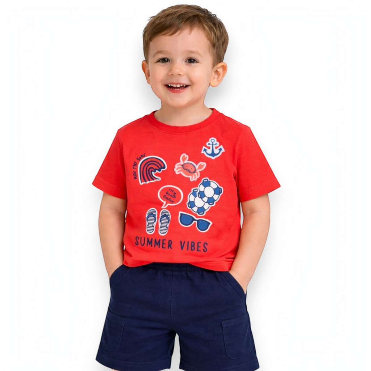 victor and jane boys red cotton t-shirt with summer themed nautical graphics and navy blue shorts set