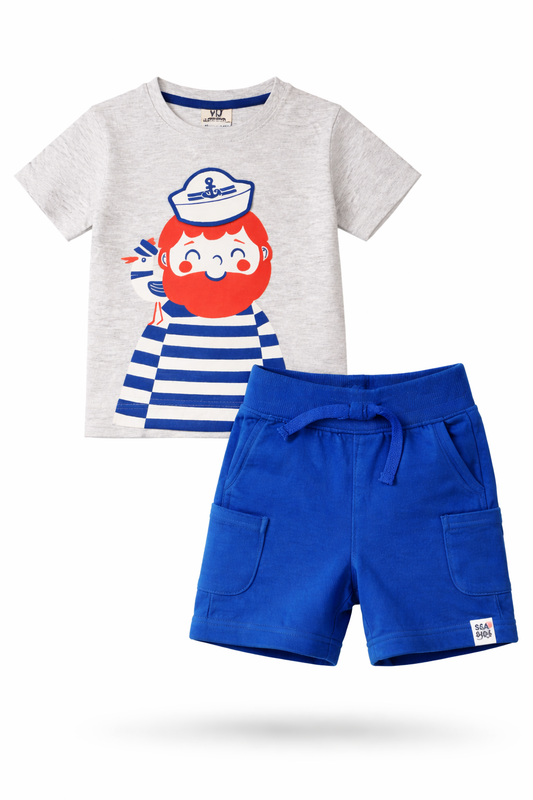 Boys' 2pcs Sailor Round Neck T-Shirt and Shorts Set