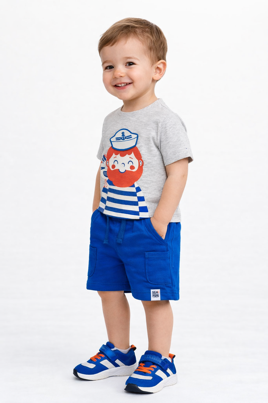 Boys' 2pcs Sailor Round Neck T-Shirt and Shorts Set