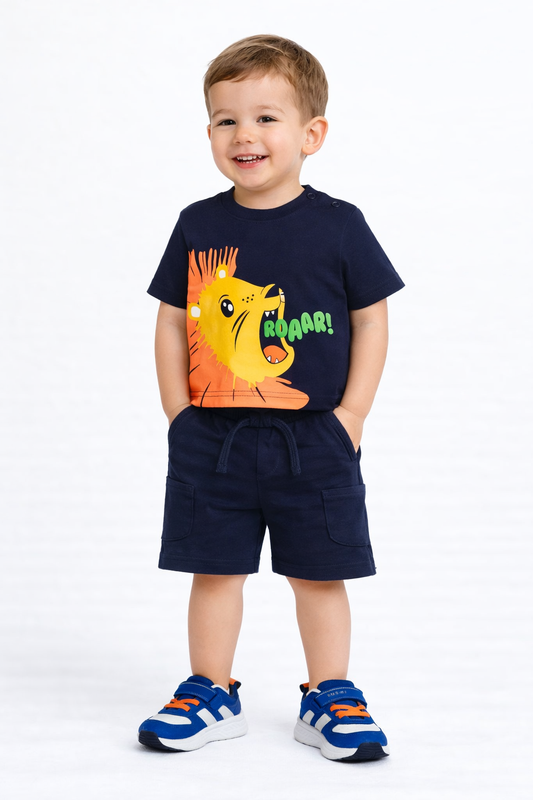 Boys' 2pcs Roaring Lion Round Neck T-Shirt and Shorts Set