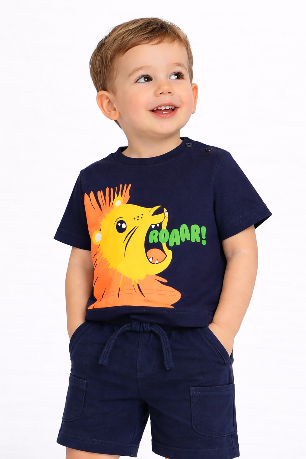 Boys' 2Pcs Roaring Lion Round Neck T-Shirt And Shorts Set