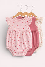 Baby Girls Floral Ribbed Bodysuit Rompers “ Pack Of 3 (Pink & Neutral Tones)