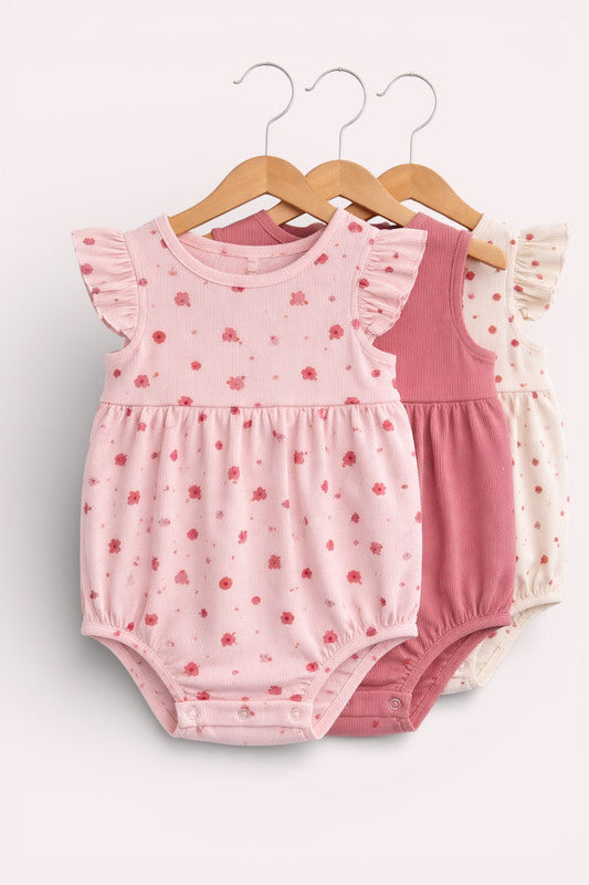 Baby Girls Floral Ribbed Bodysuit Rompers “ Pack Of 3 (Pink & Neutral Tones)