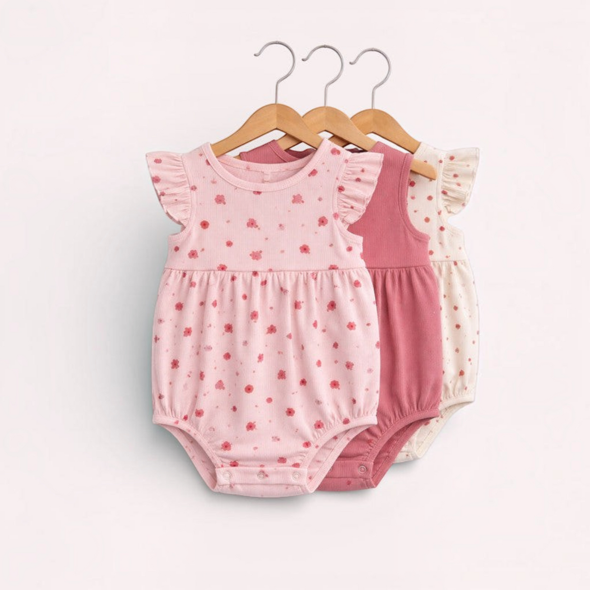 victor and jane baby girls floral rompers in pink and cream with ruffled sleeves on wooden hangers