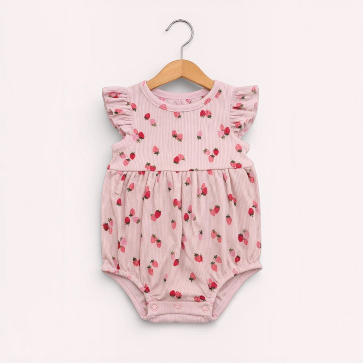 victor and jane baby girls pink ribbed romper featuring a cute red strawberry print and ruffled cap sleeves