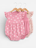 Baby Girls Floral Sleeveless Romper “ Pack Of 3 (Soft Pink & Neutral Tones)