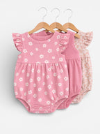 Baby Girls Floral Sleeveless Romper “ Pack Of 3 (Soft Pink & Neutral Tones)