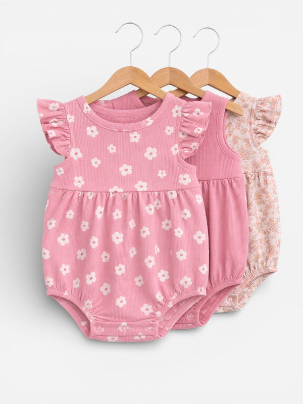 Baby Girls Floral Sleeveless Romper “ Pack Of 3 (Soft Pink & Neutral Tones)