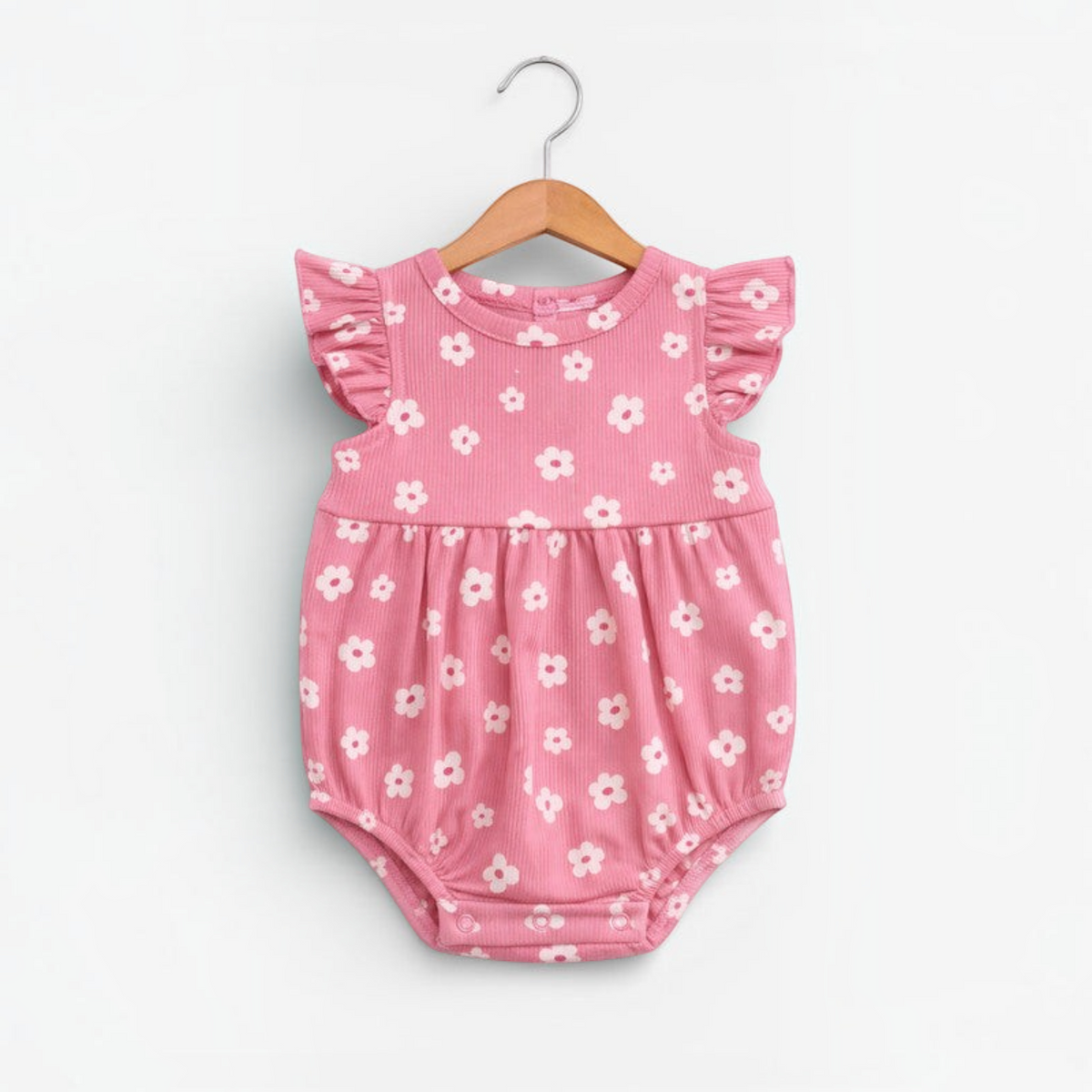 victor and jane baby girls pink ribbed romper with white floral print and flutter sleeves