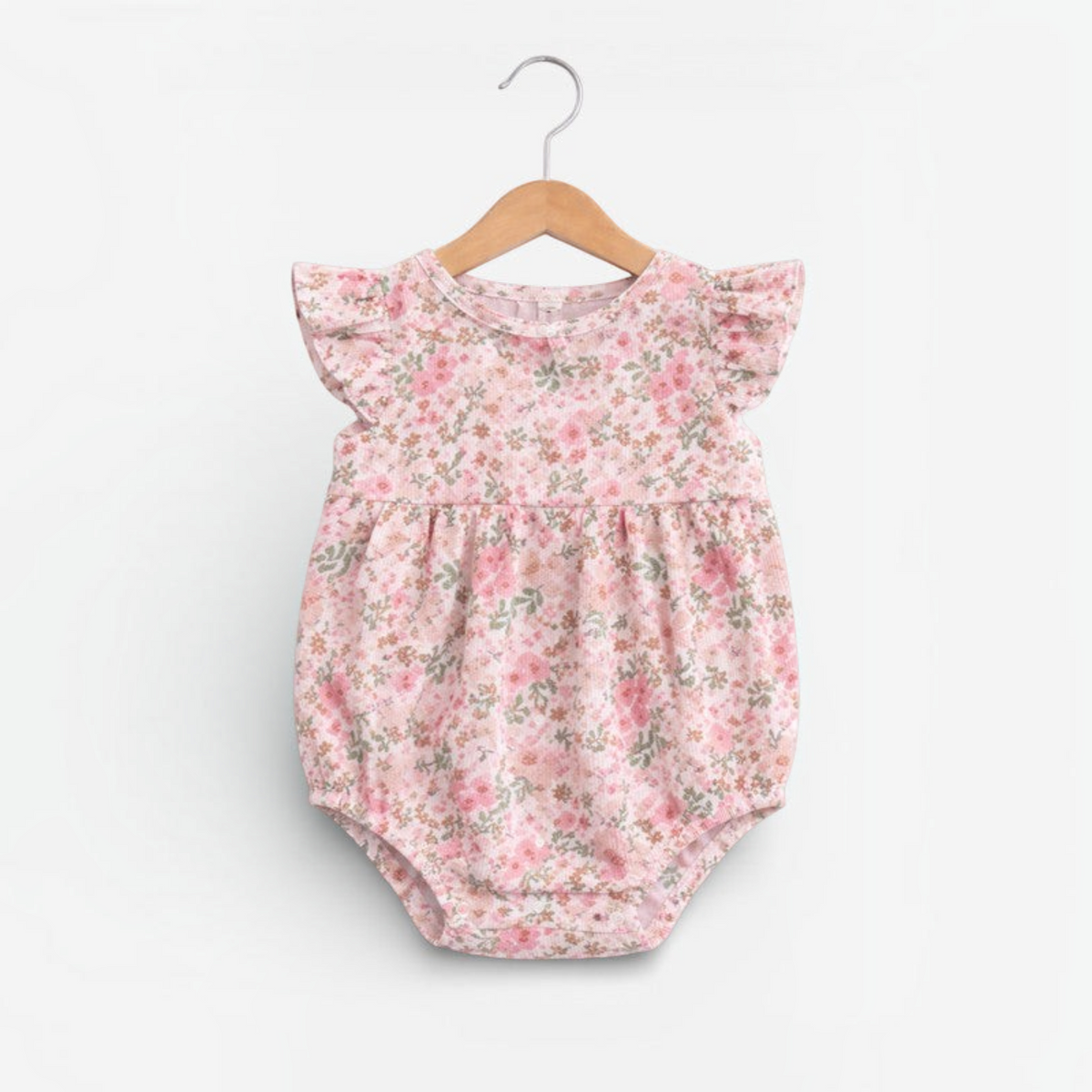 victor and jane baby girls pink floral romper with ruffled sleeves and textured fabric