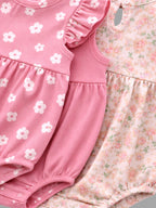 Baby Girls Floral Sleeveless Romper “ Pack Of 3 (Soft Pink & Neutral Tones)