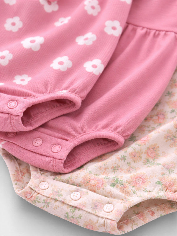 Baby Girls Floral Sleeveless Romper “ Pack Of 3 (Soft Pink & Neutral Tones)