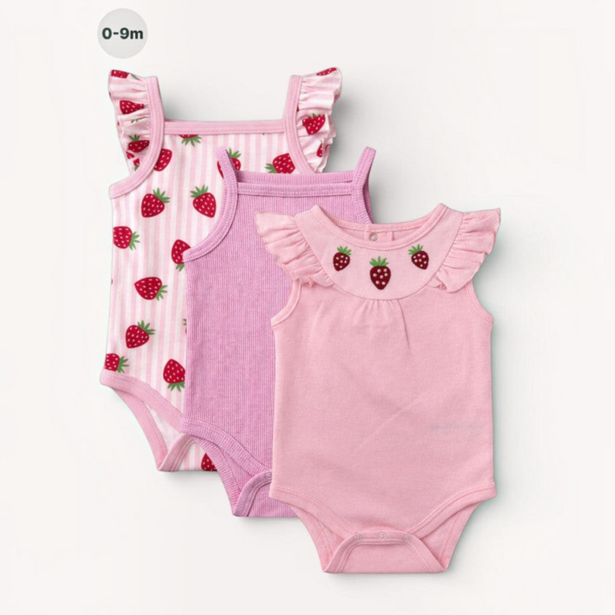 victor and jane baby girls 3-piece bodysuit set featuring pink strawberry prints, ribbed fabric, and ruffle sleeves